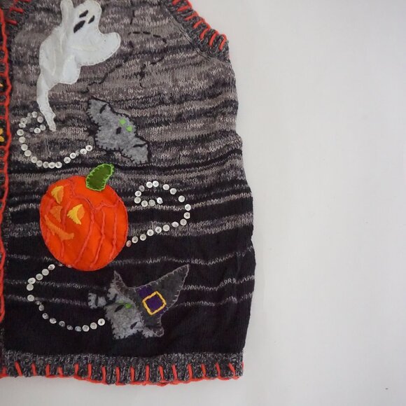 Vintage Tiara Gray Halloween Ghost Pumpkin Sequin Spooky Knit Sweater Vest L - Picture 4 of 9